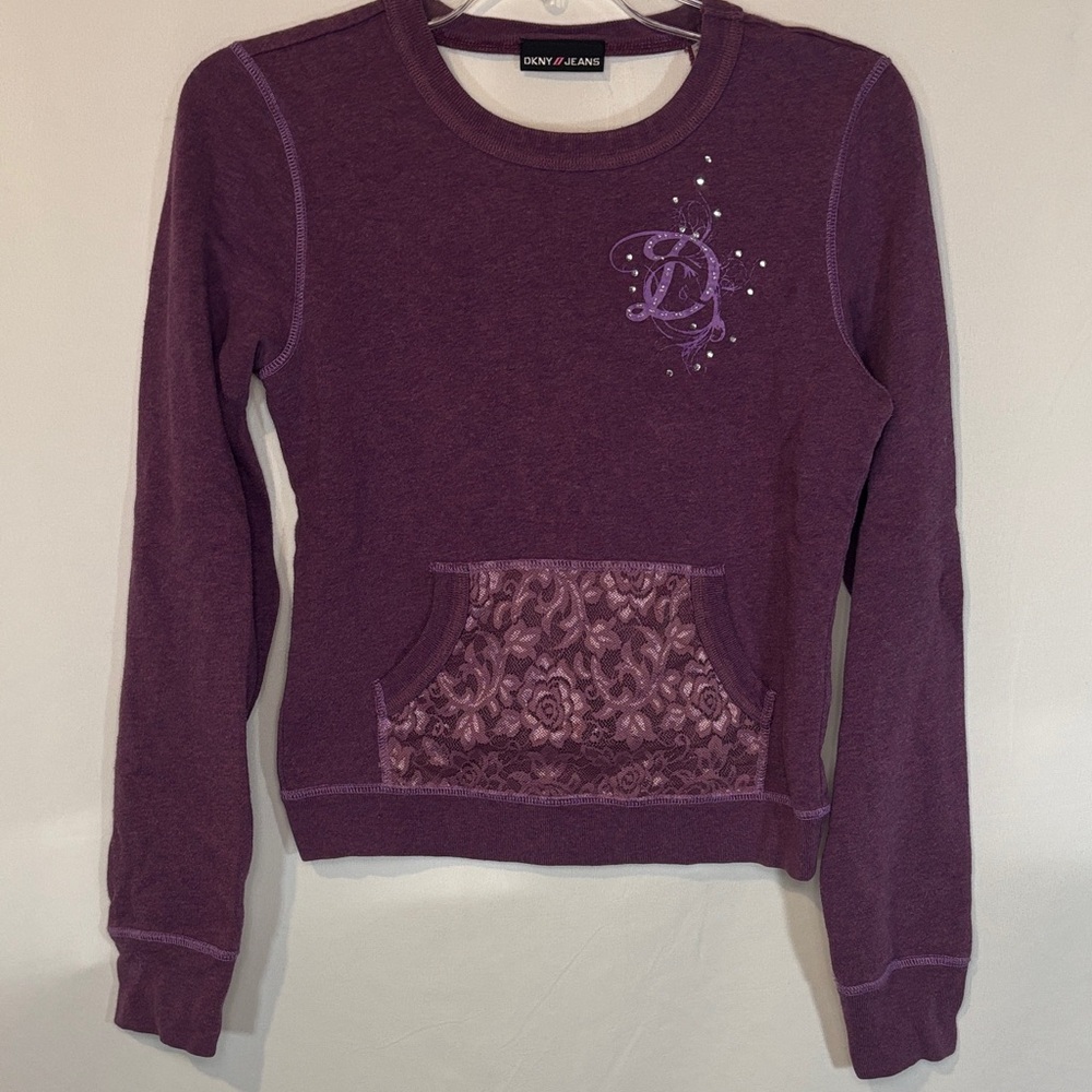 DKNY Purple crew neck with back cut out and lace front pocket Y2K